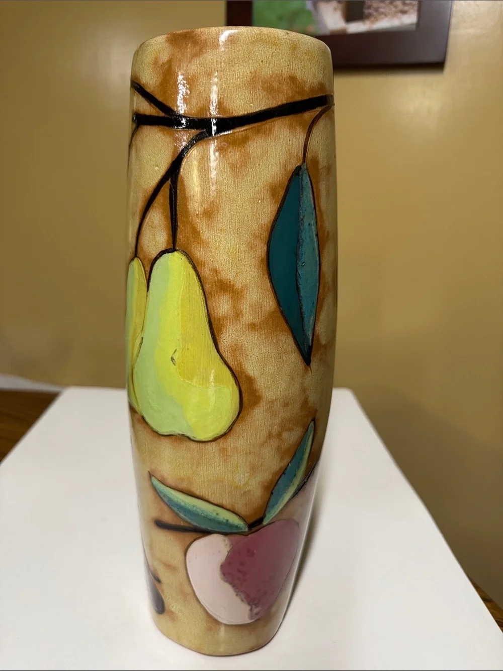 Butter + Toast Leaf Line Hand-Painted Fruit Motif Pottery Vase 13 3/8” tall 1992